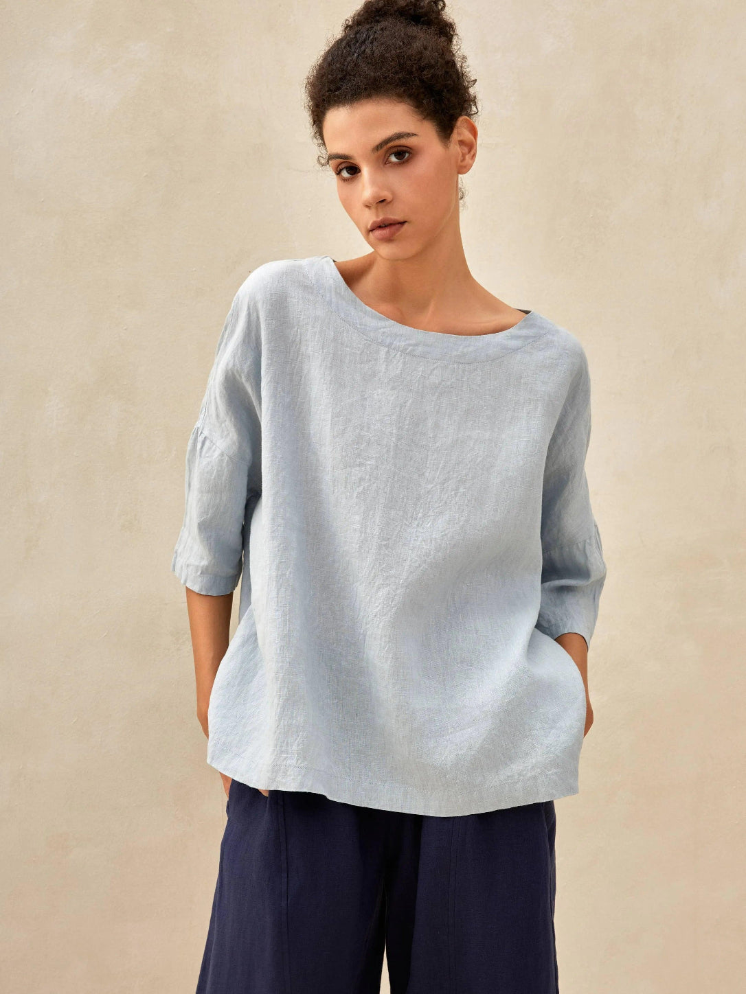 Comfortabele Linnen Oversized Top met 3/4 Mouwen