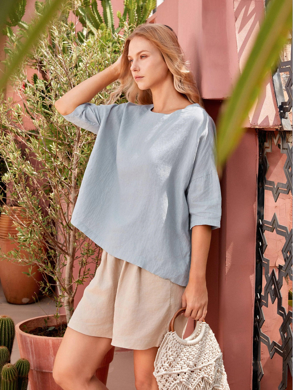 Comfortabele Linnen Oversized Top met 3/4 Mouwen