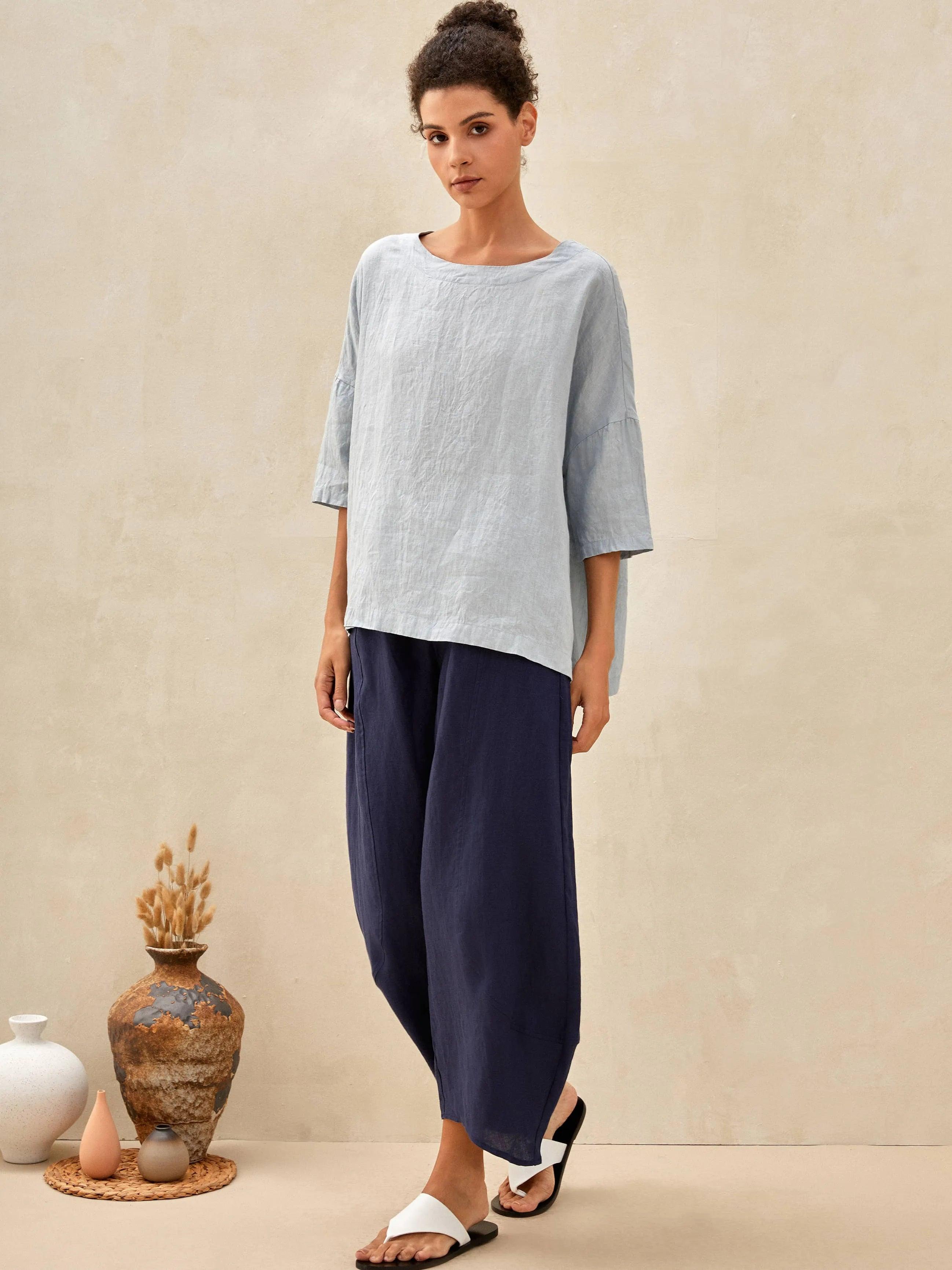Comfortabele Linnen Oversized Top met 3/4 Mouwen