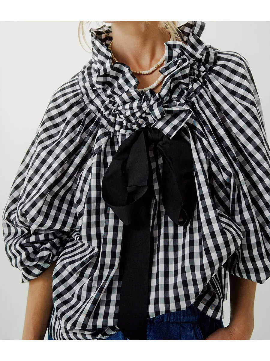 Oversized Katoenen Blouse met Ruches en Lantaarnmouwen
