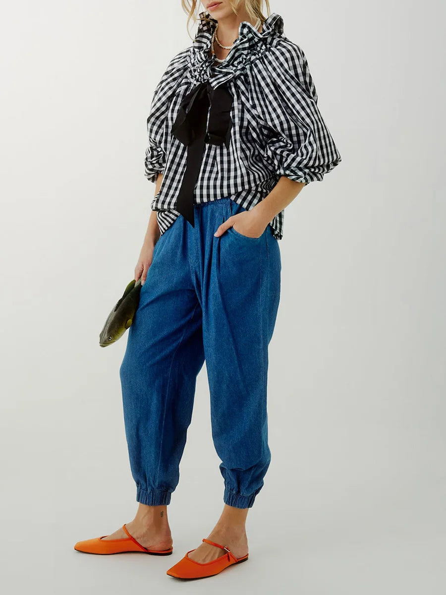 Oversized Katoenen Blouse met Ruches en Lantaarnmouwen