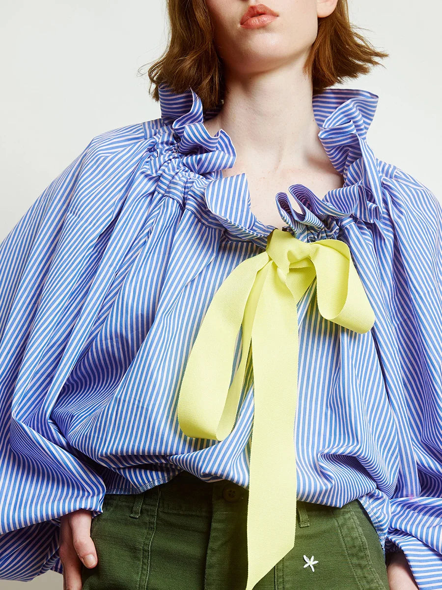 Oversized Katoenen Blouse met Ruches en Lantaarnmouwen