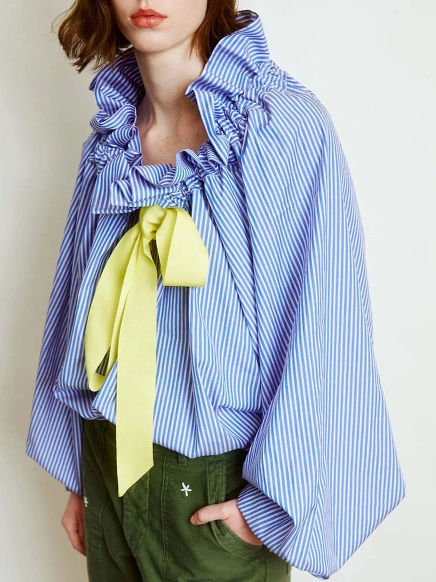 Oversized Katoenen Blouse met Ruches en Lantaarnmouwen