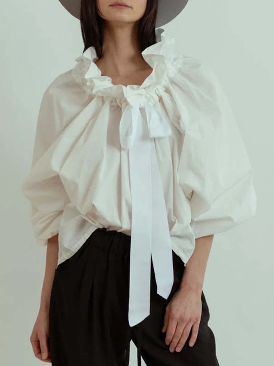 Oversized Katoenen Blouse met Ruches en Lantaarnmouwen