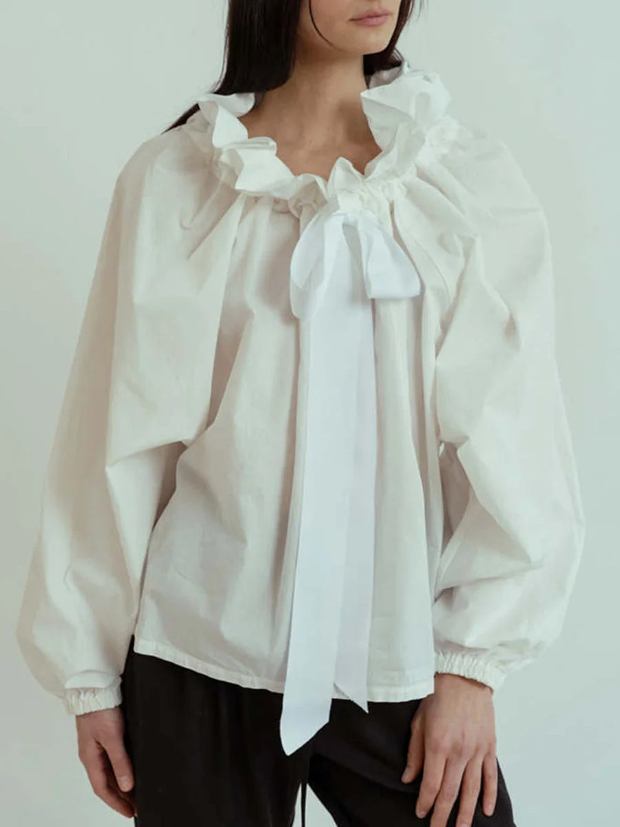 Oversized Katoenen Blouse met Ruches en Lantaarnmouwen