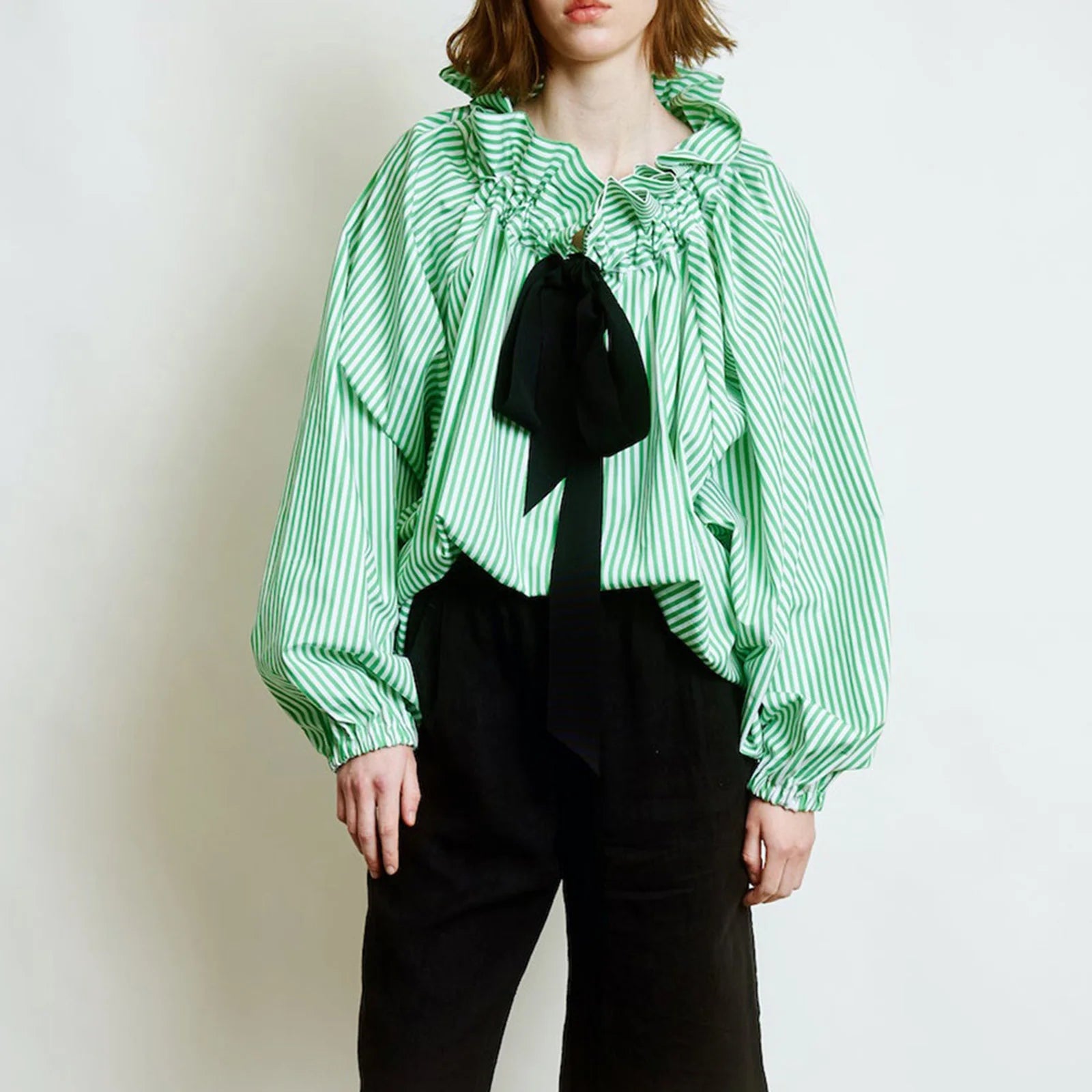 Oversized Katoenen Blouse met Ruches en Lantaarnmouwen