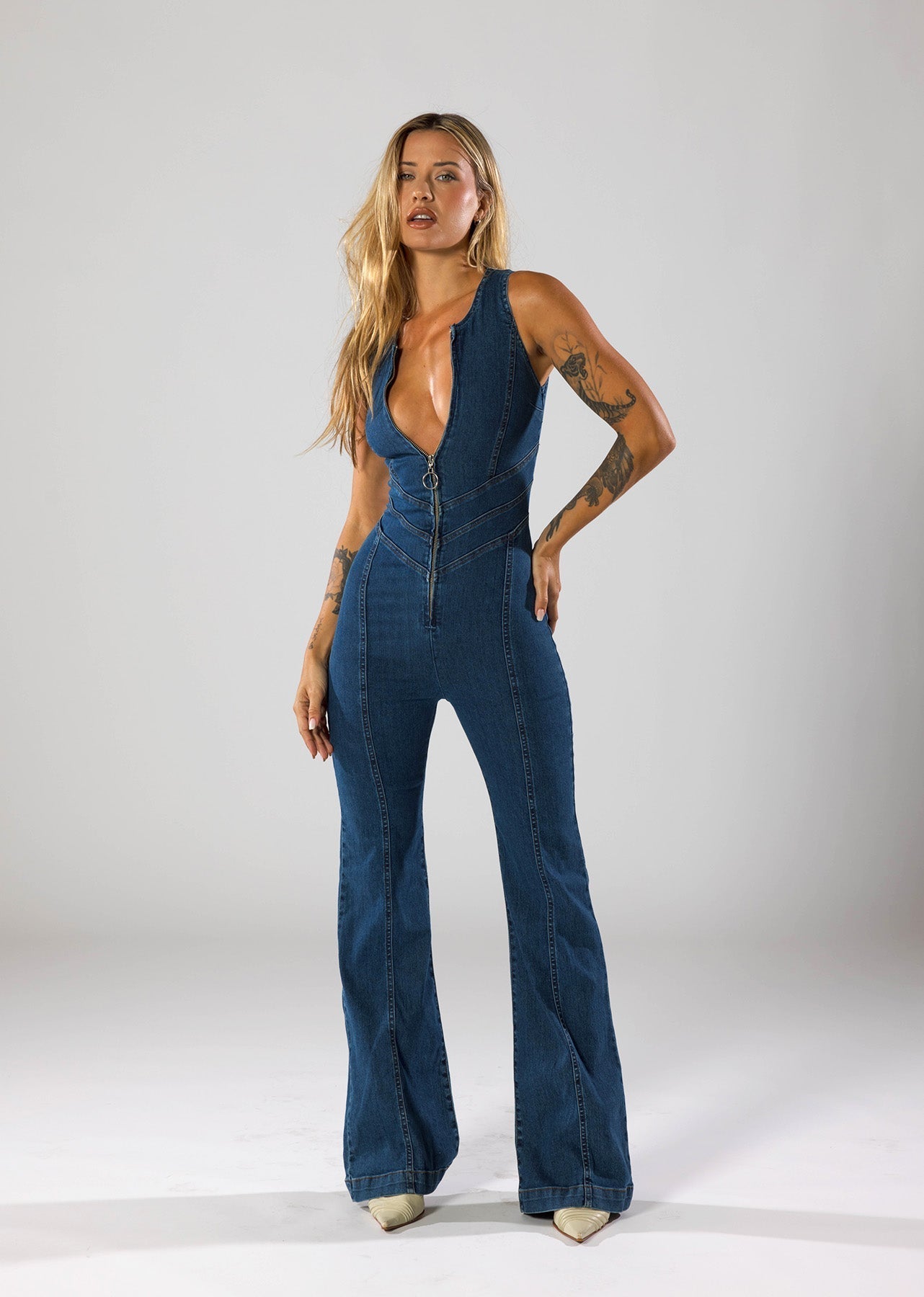 Denim Jumpsuit Met Diepe V-hals (Dames)