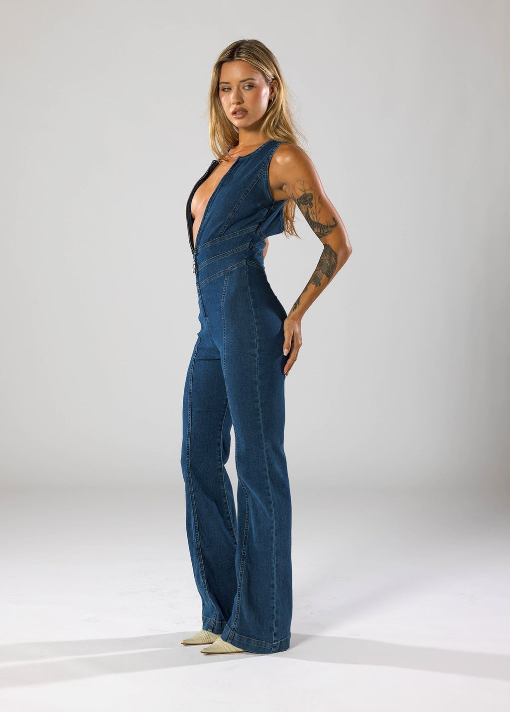 Denim Jumpsuit Met Diepe V-hals (Dames)