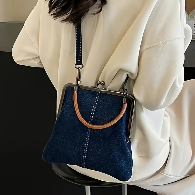 Vintage Schoudertas van Premium Denim en Rundleer