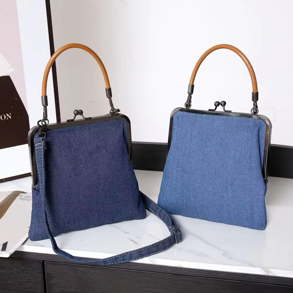 Vintage Schoudertas van Premium Denim en Rundleer