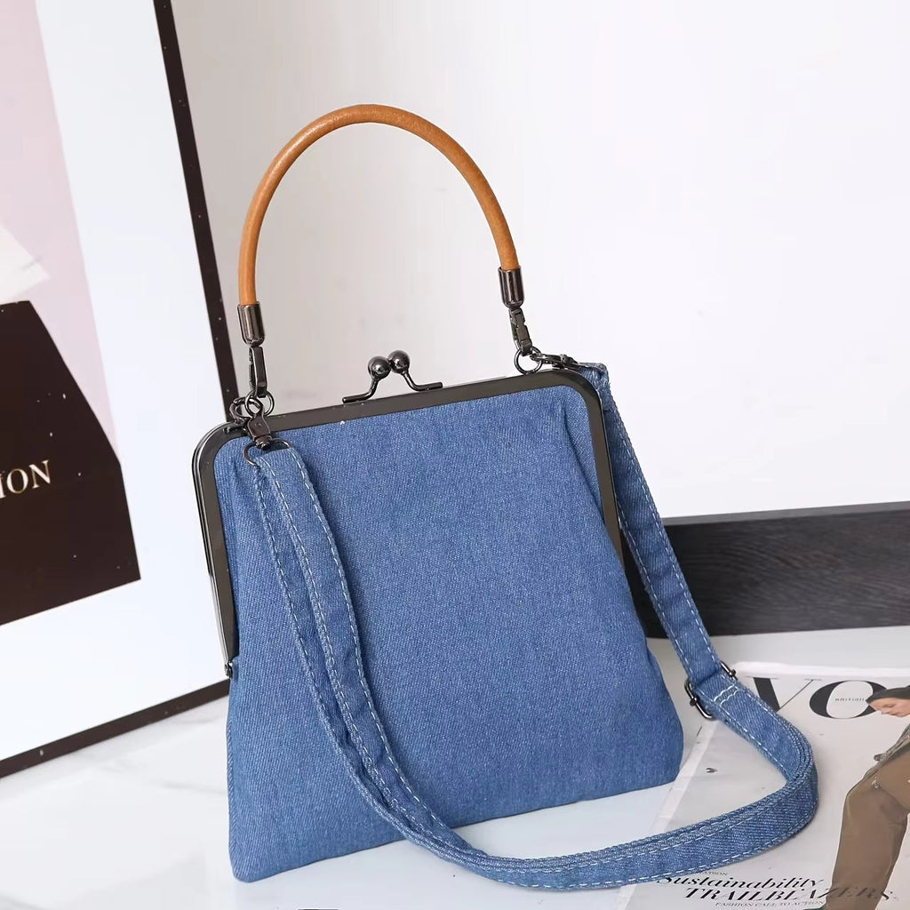 Vintage Schoudertas van Premium Denim en Rundleer