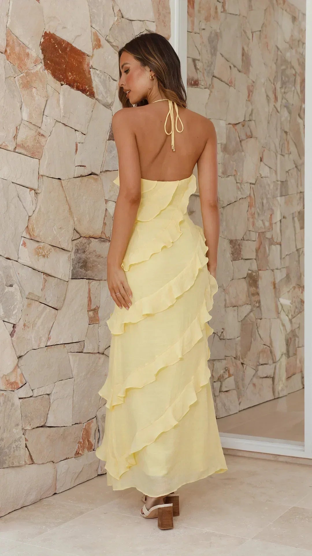 Elegant Halter Neck Maxi Dress with Cascading Ruffles for Special Occasions 1