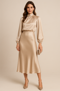 Elegant High Neck Midi Dress - Flared Hem & Long Sleeves for Formal Events 0