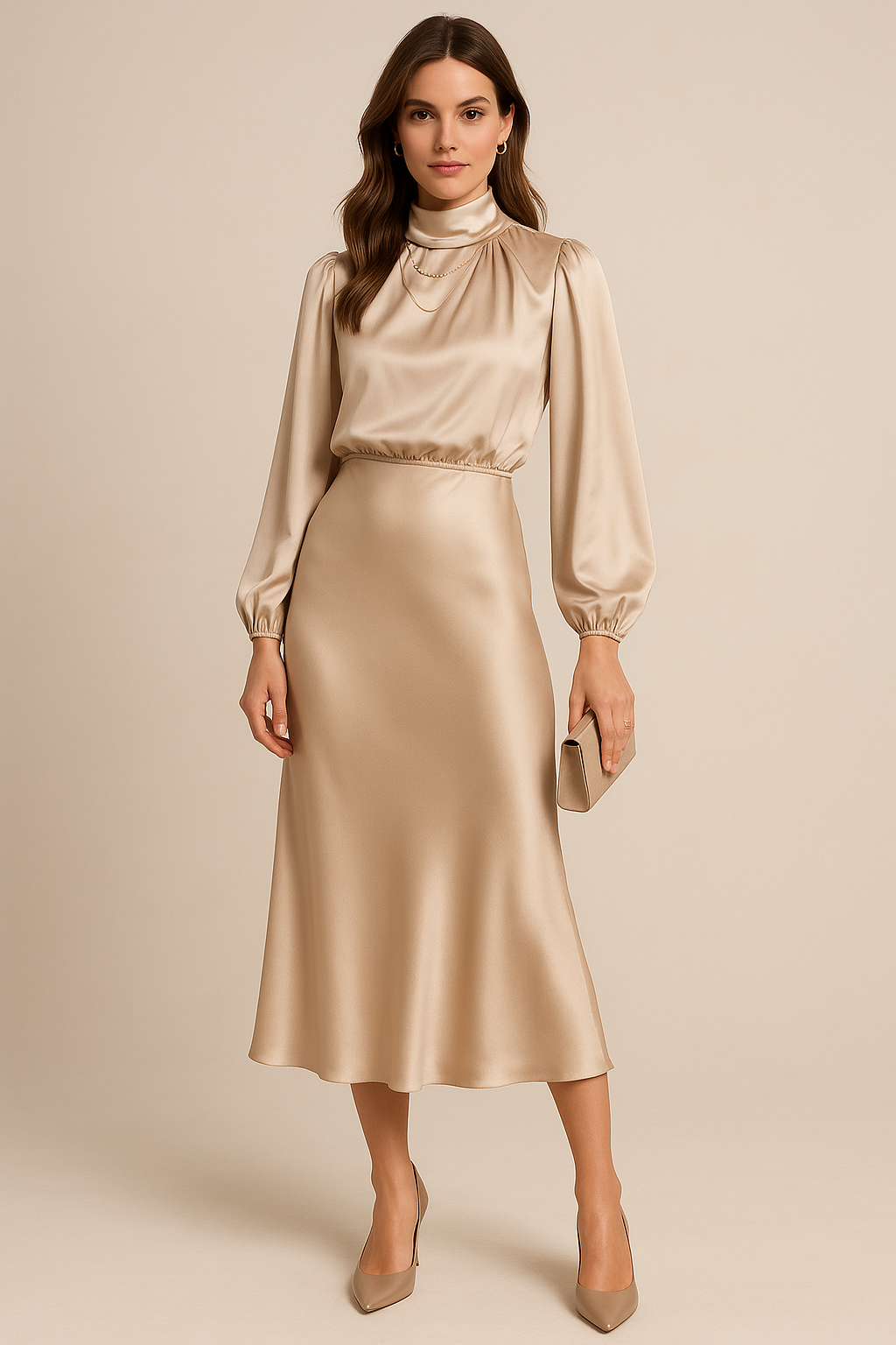 Elegant High Neck Midi Dress - Flared Hem & Long Sleeves for Formal Events 0