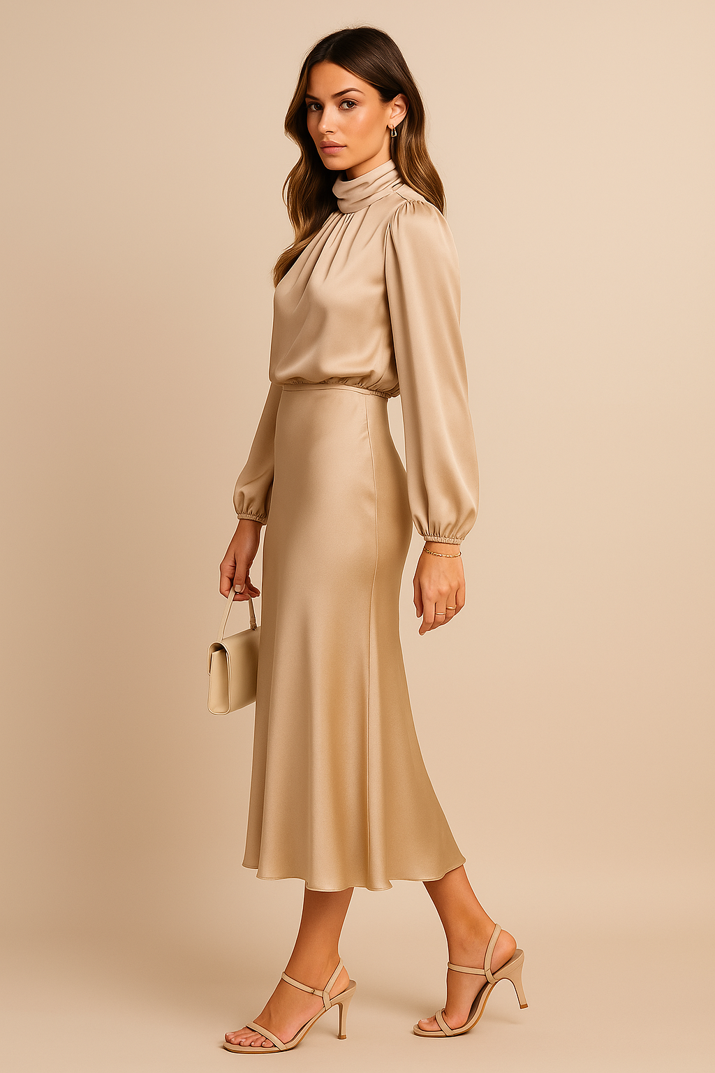 Elegant High Neck Midi Dress - Flared Hem & Long Sleeves for Formal Events 1