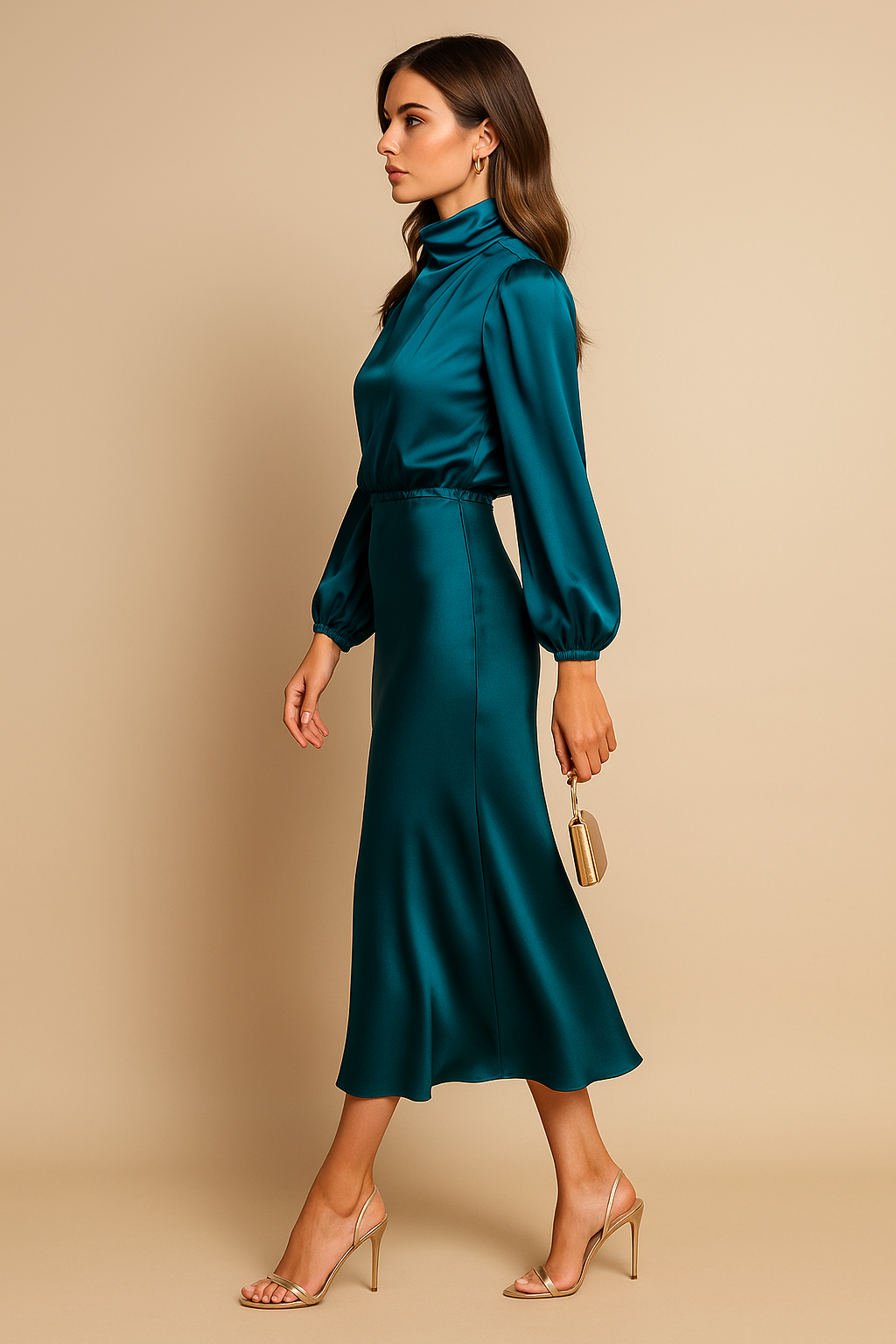 Elegant High Neck Midi Dress - Flared Hem & Long Sleeves for Formal Events 4