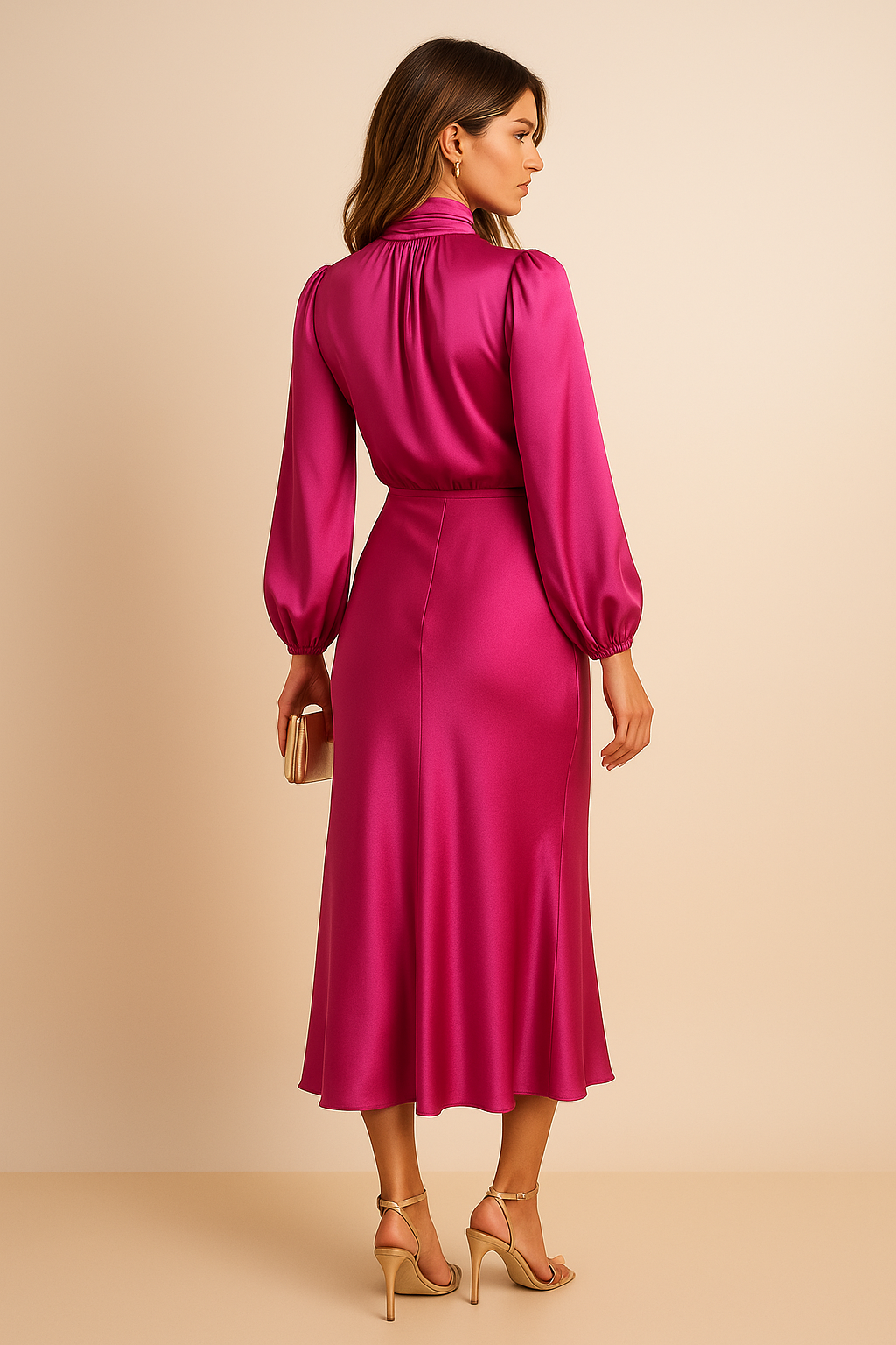 Elegant High Neck Midi Dress - Flared Hem & Long Sleeves for Formal Events 7