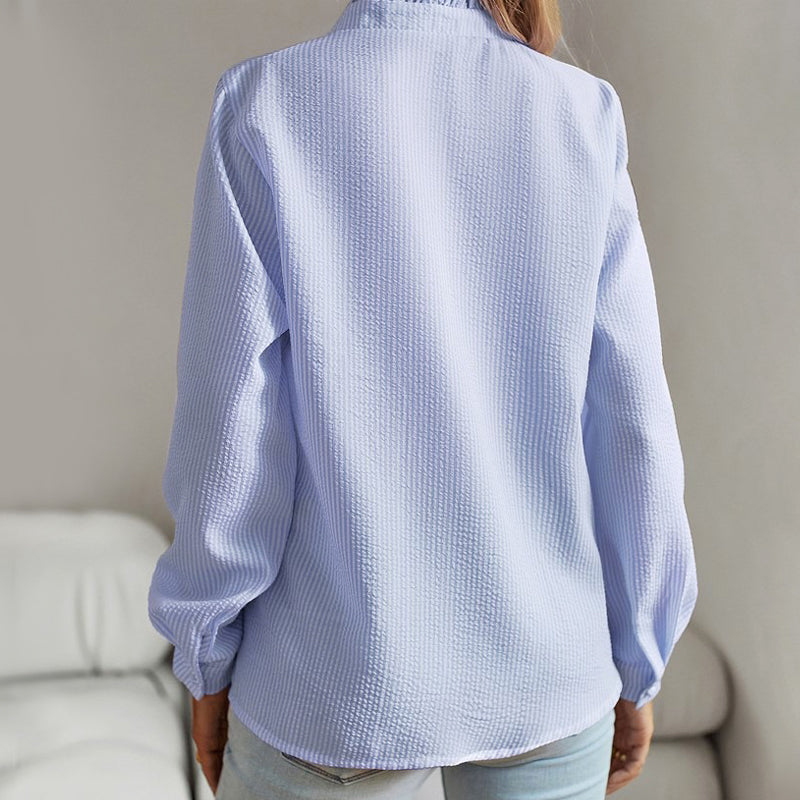 Elegant Ruffle Trim Shirt in Lightweight Cotton-Poly Blend with Statement Collar 4