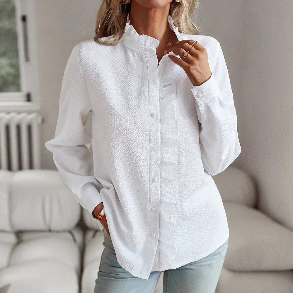 Elegant Ruffle Trim Shirt in Lightweight Cotton-Poly Blend with Statement Collar 5