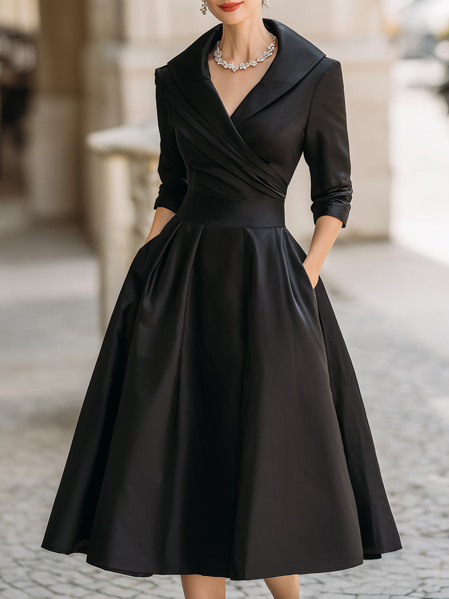 Elegant Vintage-Inspired Satin Midi Dress with Draped Collar - Formal & Wedding Guest Dress 0