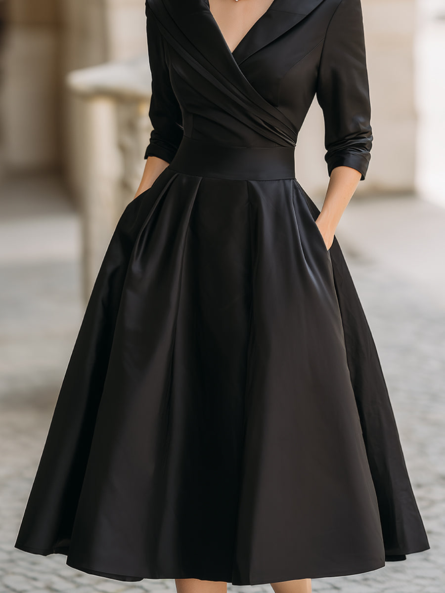 Elegant Vintage-Inspired Satin Midi Dress with Draped Collar - Formal & Wedding Guest Dress 2