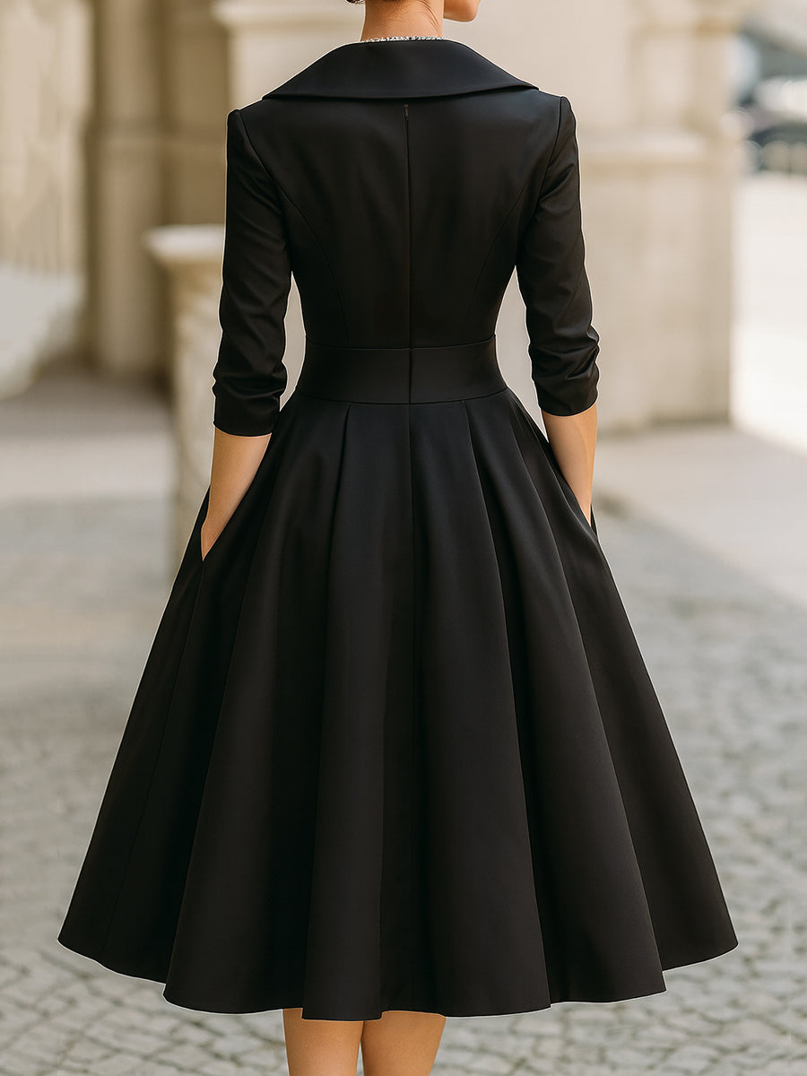 Elegant Vintage-Inspired Satin Midi Dress with Draped Collar - Formal & Wedding Guest Dress 3