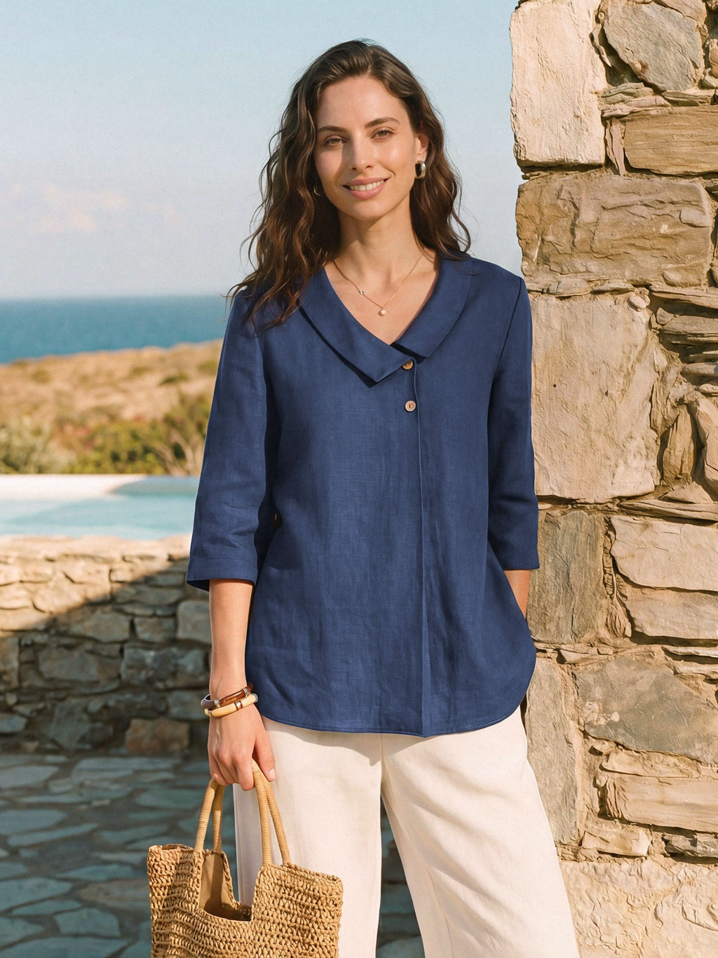 Linnen Blouse met Asymmetrische Kraag