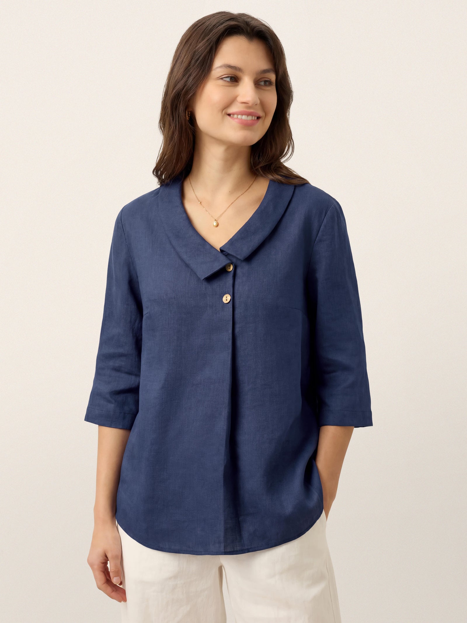 Linnen Blouse met Asymmetrische Kraag