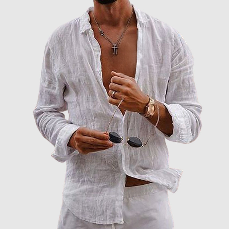Lorenzo Vitali - Casual Linen Shirt with Rolled Sleeves & Unique Button Design 0