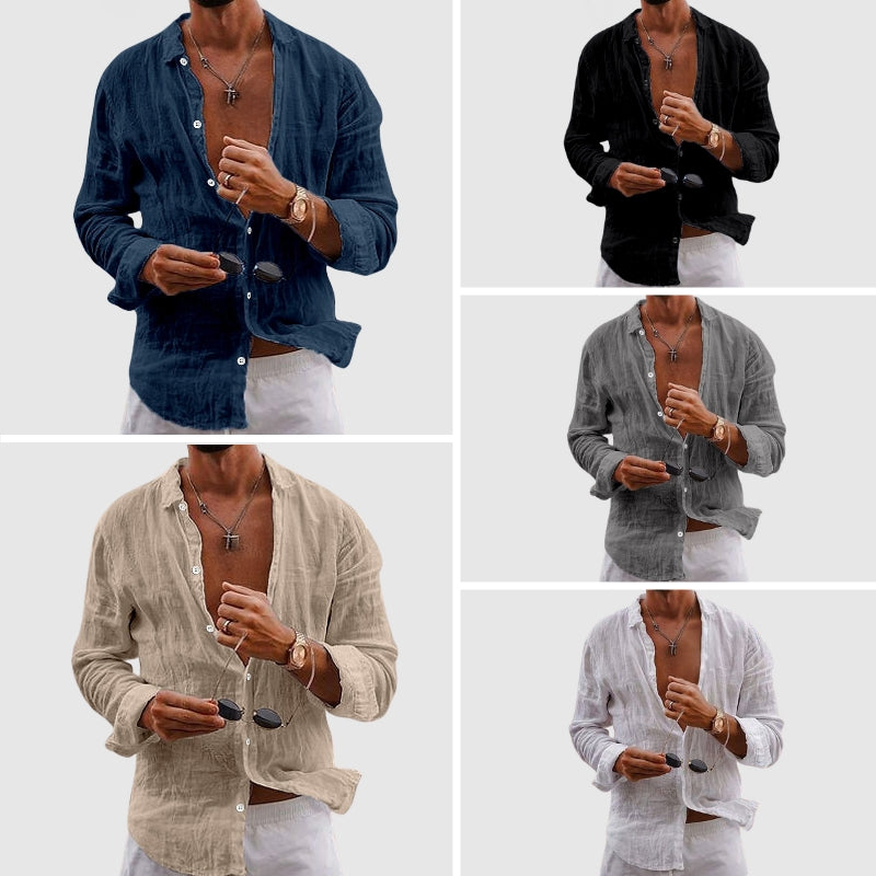 Lorenzo Vitali - Casual Linen Shirt with Rolled Sleeves & Unique Button Design 5