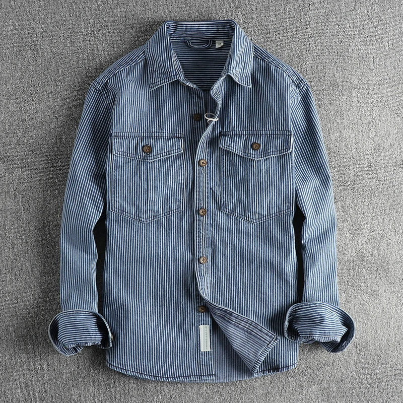 Vintage Denim Shirt with Striped Pattern - Regular Fit Button Down Top 0