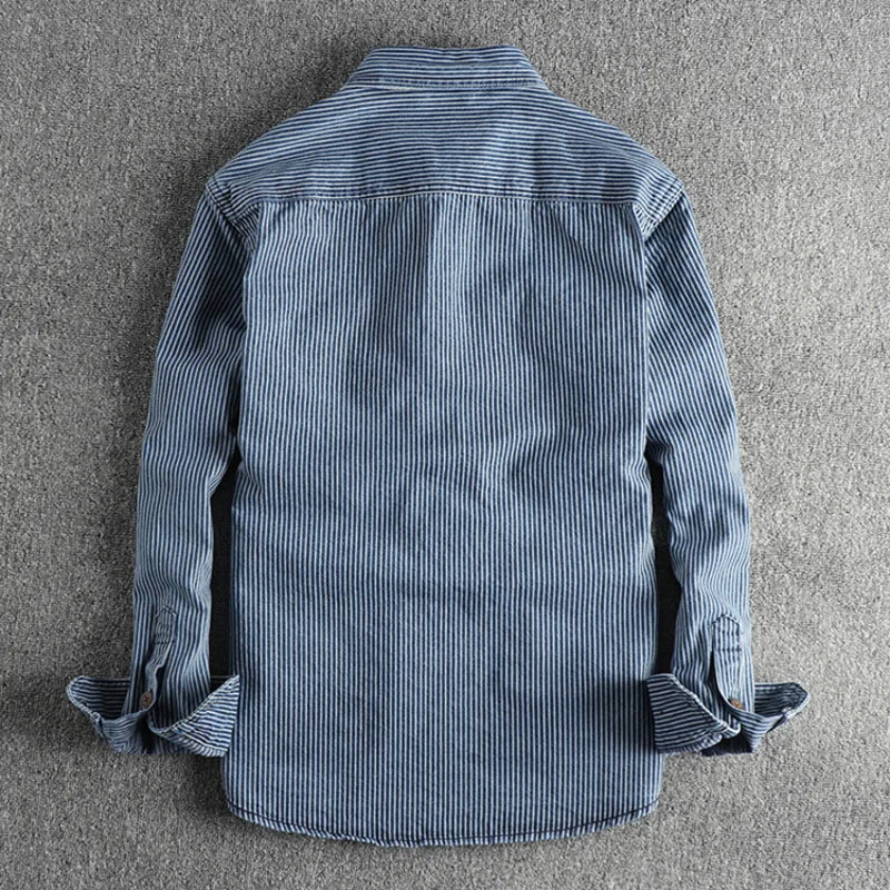 Vintage Denim Shirt with Striped Pattern - Regular Fit Button Down Top 2
