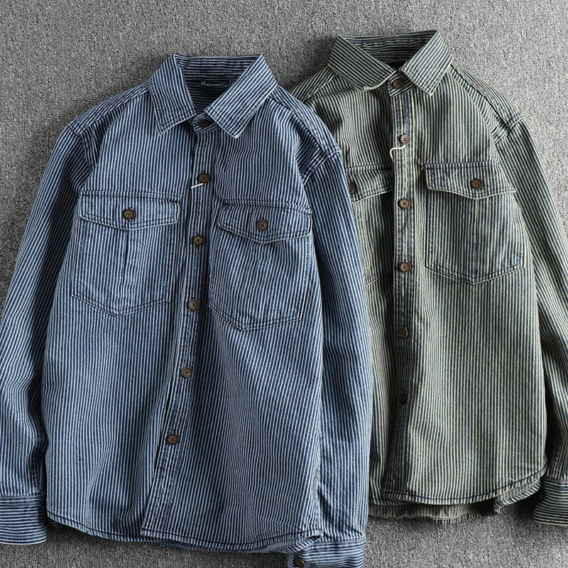 Vintage Denim Shirt with Striped Pattern - Regular Fit Button Down Top 3