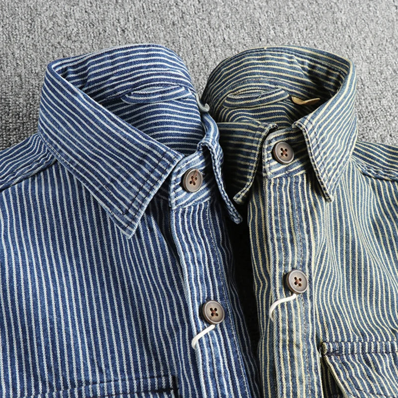 Vintage Denim Shirt with Striped Pattern - Regular Fit Button Down Top 4