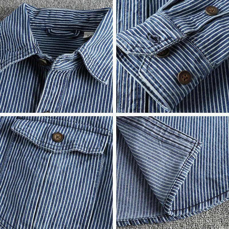 Vintage Denim Shirt with Striped Pattern - Regular Fit Button Down Top 5